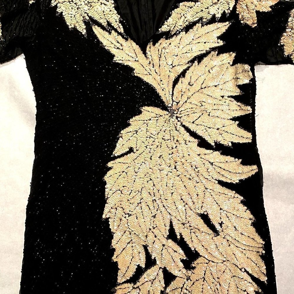 Vintage 80s Sho Max sequin dress opalescent creme black leaf design art nouveau - Picture 3 of 15